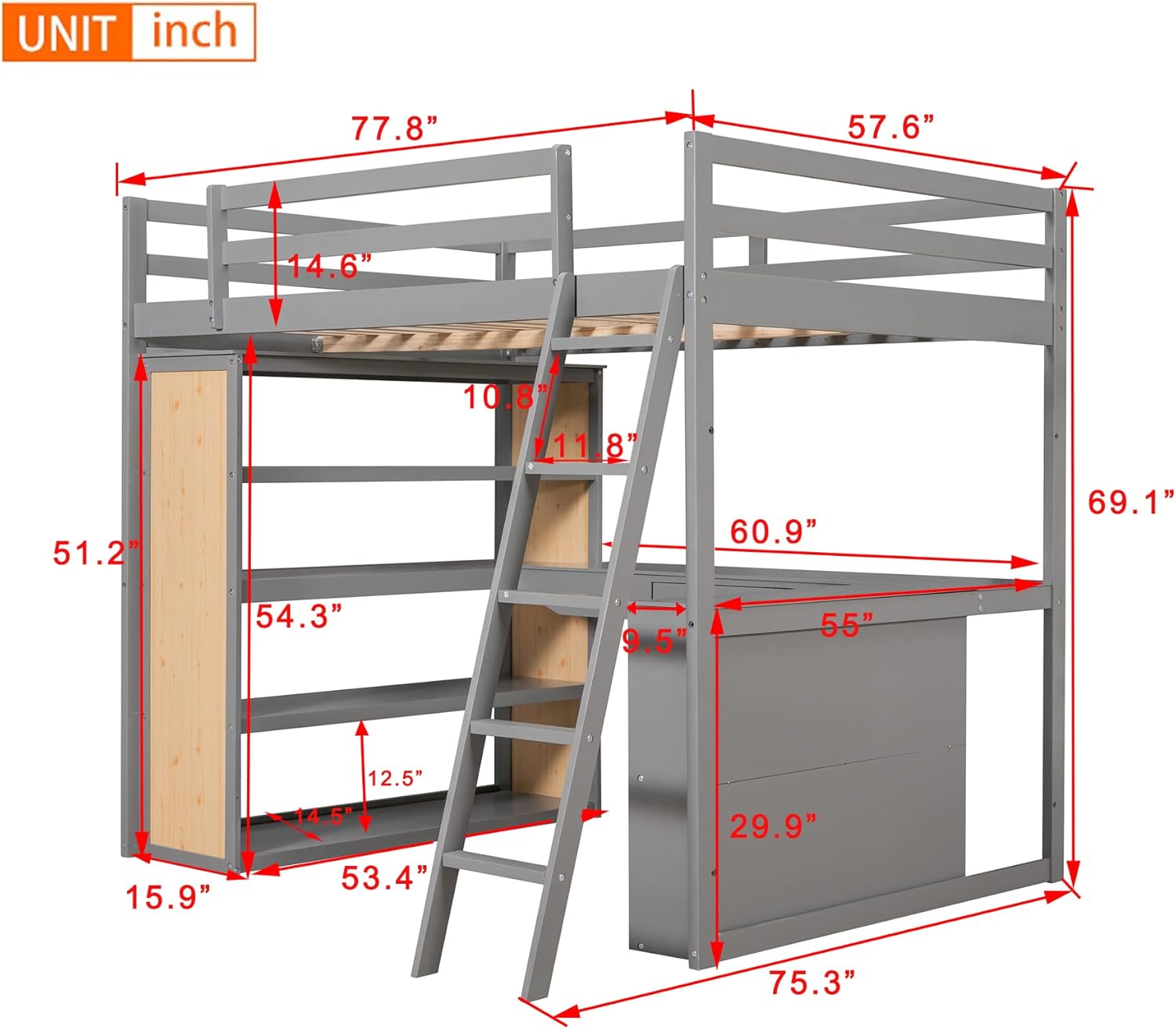 Full Size Loft Bed with Desk, Storage Shelves, Drawer and Convertible Ladder, Wooden High Loftbed Frame, for Kids Teens Adults Bedroom, Gray