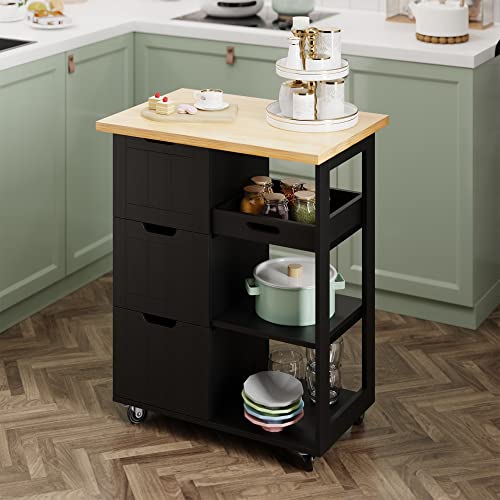 SUNLEI Kitchen Island Rolling Cart with Storage Cabinet, Utility Cart on Lockable Wheels with 3 Drawers, Open Shelves & Towel Handle for Kitchen, Living Rooms, Bars (Black)