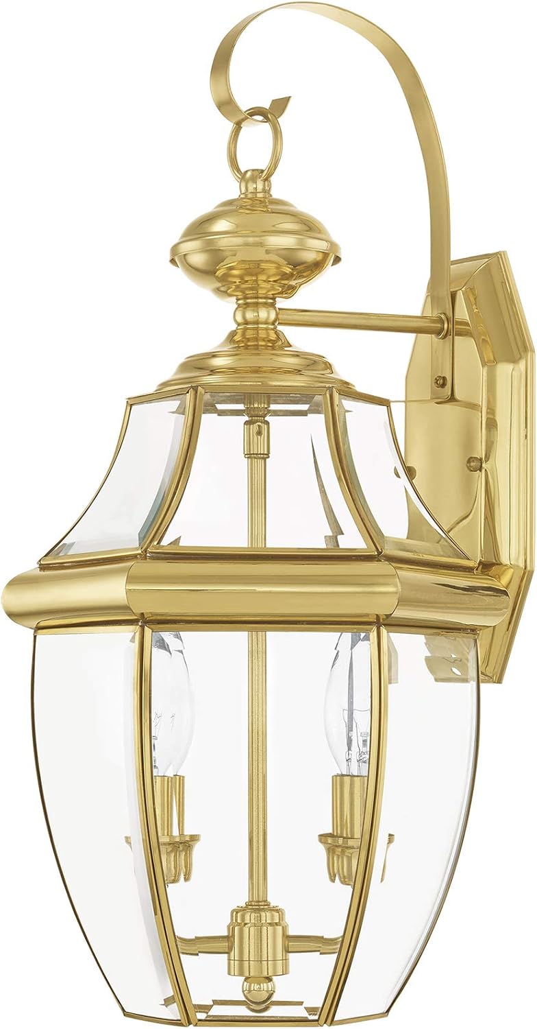 Livex Lighting 2251-02 Monterey 2 Light Outdoor Polished Brass Finish Solid Brass Wall Lantern with Clear Beveled Glass, 20.25