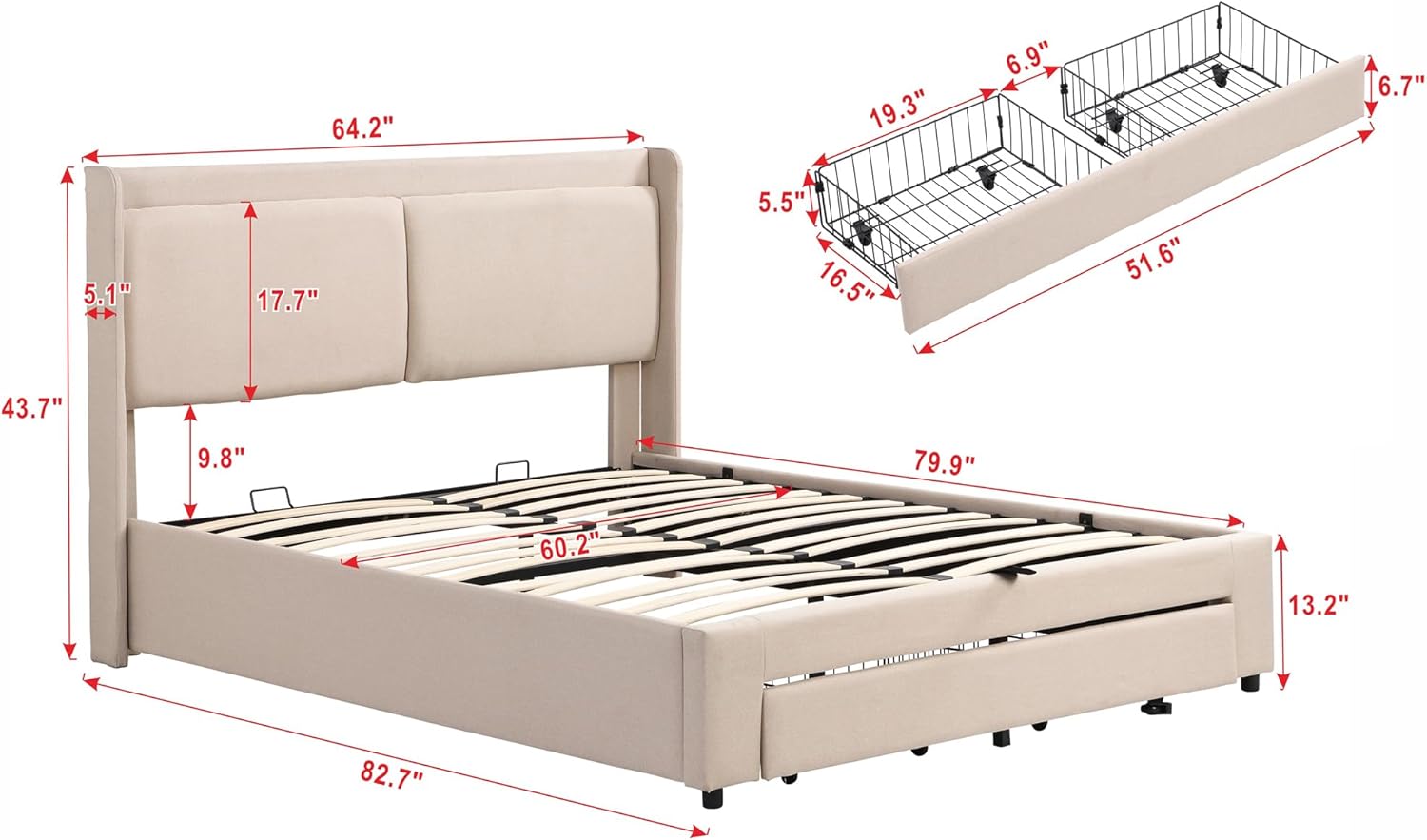 Queen Size Upholstered Hydraulic, Modern Platform Bed Frame with Lift Up Storage Space, 2 Drawers and Wingback Headboard, for Bedroom, Guestroom, Beige