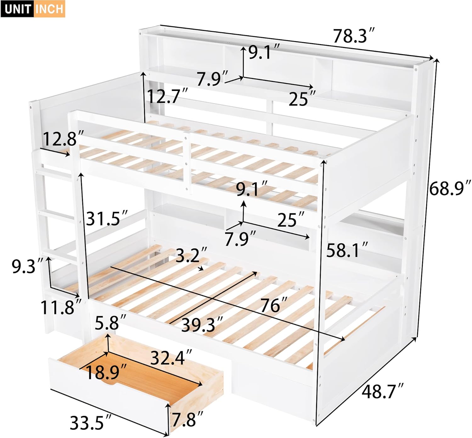 Twin Size Upper and Lower Bunk Bed with Built-in Shelves with Storage Drawer,White