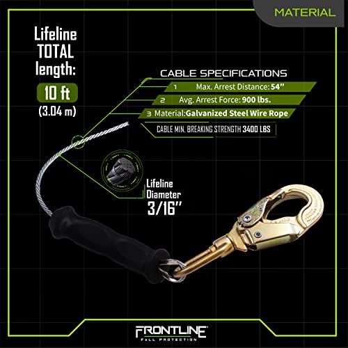 Frontline RPG10 Cable Single Leg 10' SRL with Steel Snap Hook End | Personal Fall Arrest Protection | Galvanized Steel Retractable Lifeline Safety Yoyo | OSHA and ANSI Compliant
