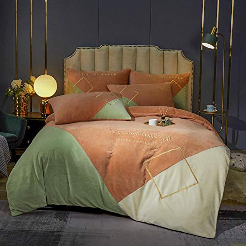 Magic Velvet Fleece Bedding Set,2020 New Solid Color Stitching Milk Velvet French Velvet Crystal Men Embroidery Four-Piece Four-Piece Embroidery-Fashion Beat-Khaki Red_2.0m (6.6 feet) Bed