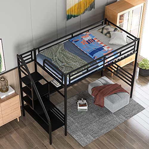 Full Size Low Loft Bed with Rolling Portable Desk,Drawers and Shelves,Bedroom Wood Bed Frame W/A Small Shelf,No Box Spring Needed,for Kids Teens Girls Boys,Gray