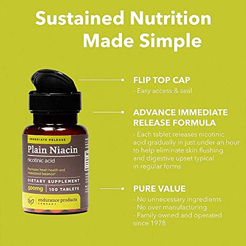 B3 Plain Niacin - 500mg Immediate Release Vitamin B-3 with Flush - Nicotinic Acid 100 Tablets - Non-GMO, Vegan, Gluten Free