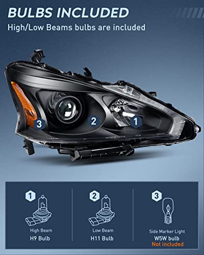 Nilight Headlight Assembly for 2013 2014 2015 Altima 4 Door Sedan Advance Base Exclusive SL S SV Sense Sedan 4 Door Replacement Headlamp Clear Projector Chrome Housing Amber Reflector,2 Years Warranty