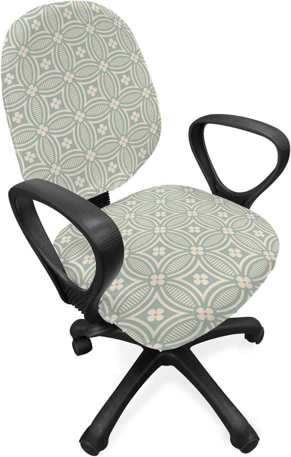 Ambesonne Retro Office Chair Slipcover, Old Fashioned Mosaic Tile Pattern with Geometric Elements and Flowers, Protective Stretch Decorative Fabric Cover, Reseda Green and Beige