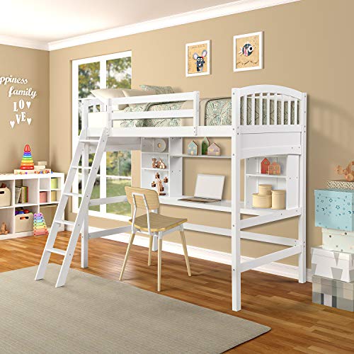 Wooden Twin Size Loft Bed with Desk and Storage Shelves, for Kids Teens Bedroom, Space Saving, White