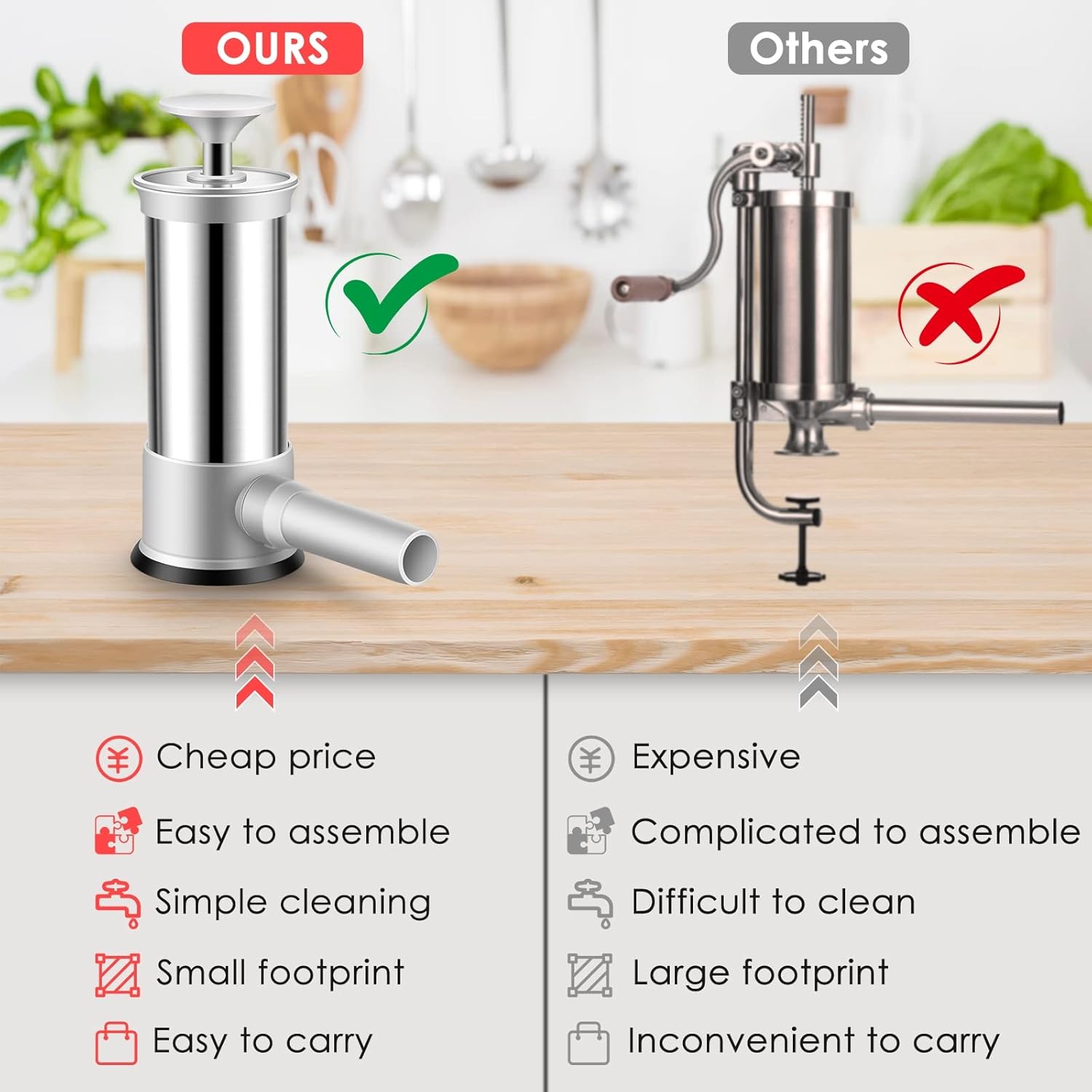 Stainless Steel Vertical Sausage Stuffer and Sausage Maker w/4 Stuffing Tubes, Manual Sausage Stuffer Machine(2.2LB)