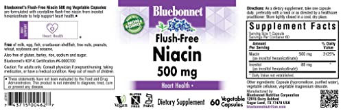 Bluebonnet Nutrition Flush-Free Niacin 500mg, for Nutritional Cardiovascular Support*, Soy-Free, Gluten-Free, Non-GMO, Kosher Certified, Dairy-Free, Vegan, 60 Vegetable Capsules, 60 Servings
