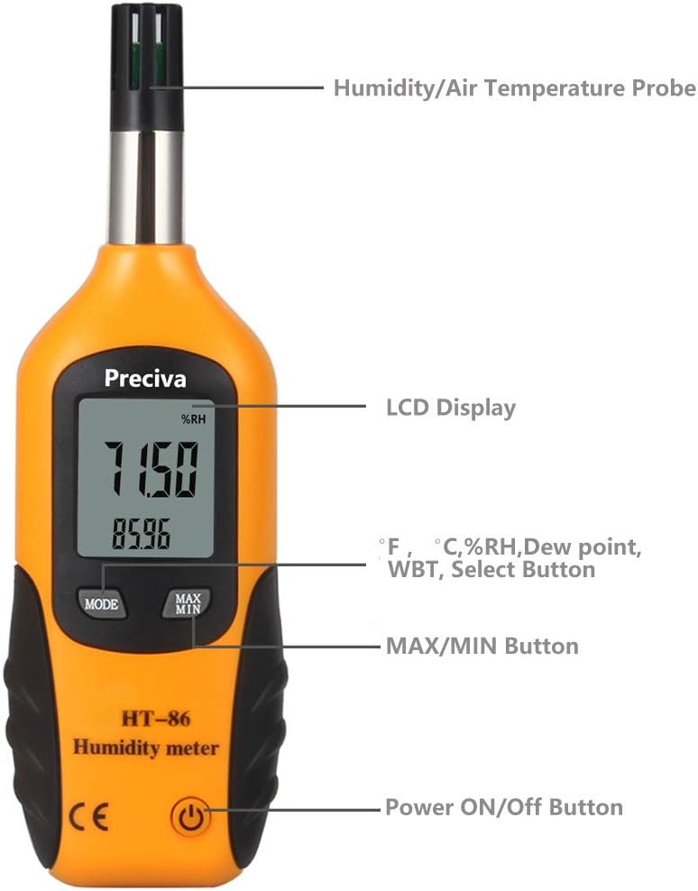 Preciva Digital Psychrometer Thermo-Hygrometer, LCD Mini Temperature and Humidity Meter with Dew Point and Wet Bulb Temperature Hygrometer for Industry, Agriculture, Meteorology (9V Battery Included)