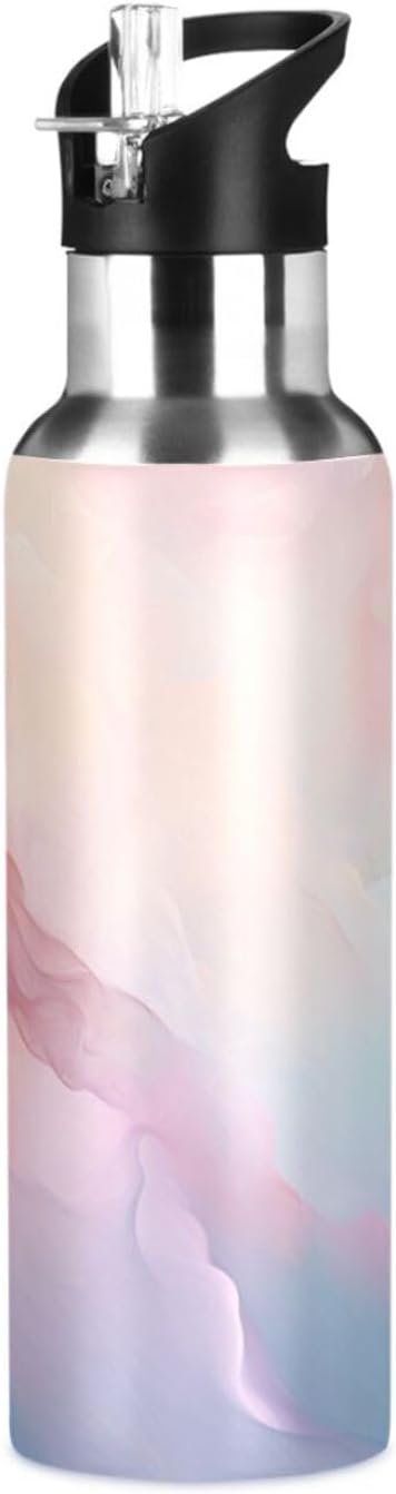 ZOEO Marble Pink Water Bottles Kids Insulated Thermos Stainless Steel Bottle with Straw Lid Flask Leakproof for Sports Gym 20 oz
