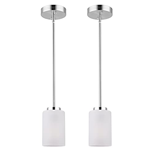 Indoor Brushed Nickel Pendant Light Fixtures, Adjustable Kitchen Island Hanging Lights with White Frosted Glass Shade，Vintage Lamp Mini Pendant Lights for Bedroom Living Room, 3 Pack