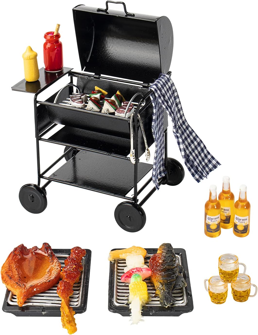 Mini House Miniature Square Barbecue Grill Oven Figurine Garden Cooking Tool Kitchen Accessories Decoration Fake Barbecue Food Realistic Drink Beer Models for 1/12,1/6 Miniature House DIY Decoration