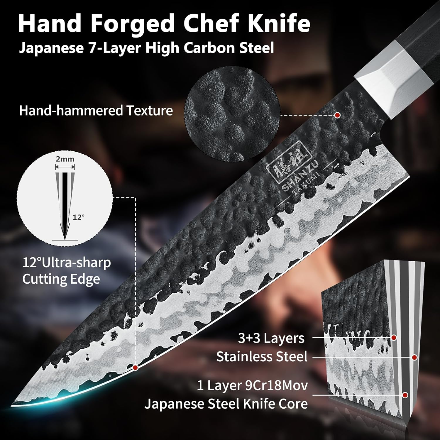 SHAN ZU Japanese Chef Knife 8 Inch, 7 Layers 9Cr18MoV High Carbon Steel Kitchen Knife, Professional Cooking Knife,Kitchen Utility Knives Ultra Sharp Gyuto Knife with G10 Fiberglass Handle