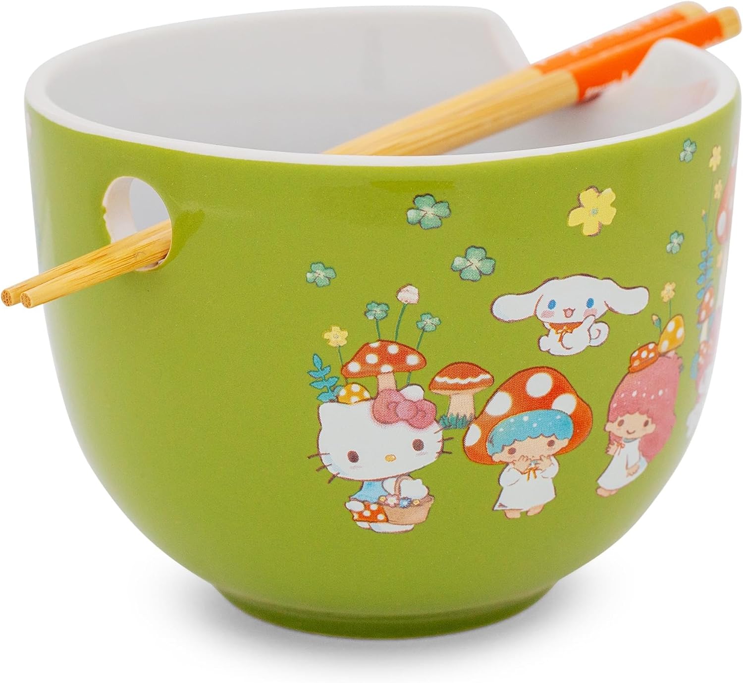 Sanrio Hello Kitty and Friends Mushroom Crew Ceramic Dinnerware Set | Includes 20-Ounce Ramen Noodle Bowl and Wooden Chopsticks | Asian Food Dish Set For Home & Kitchen