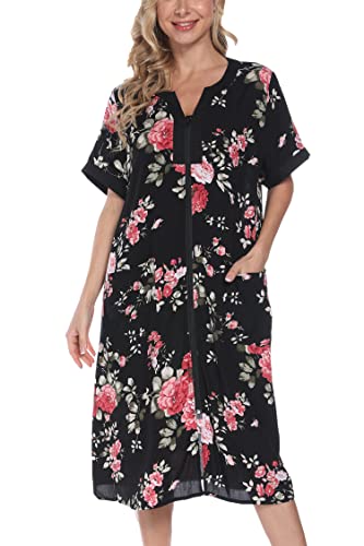 YOZLY House Dresses for Women Zipper Front Housecoat Lightweight Duster Robe with Pockets