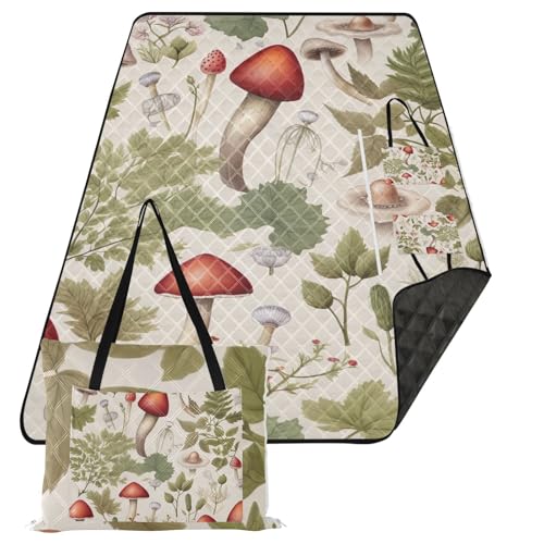 Mushrooms Plants Beige Picnic Blanket Waterproof Foldable Outdoor Beach Blankets Sandproof Picnic Mat Extra Large Camping Blanket for Grass Park Hiking Travel Concerts Indoor, 60x80 in