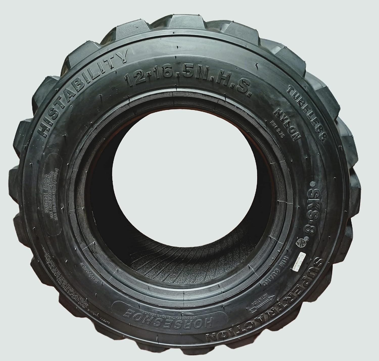 HORSESHOE 12-16.5 14PLY R-4 Skid Steer Tubeless Tires w/Extra Thick Rim-Guard Wall Super Heavy Duty H Load 12x16.5 305/70-16.5 NHS 12165 T168 SKS8 L2/G2