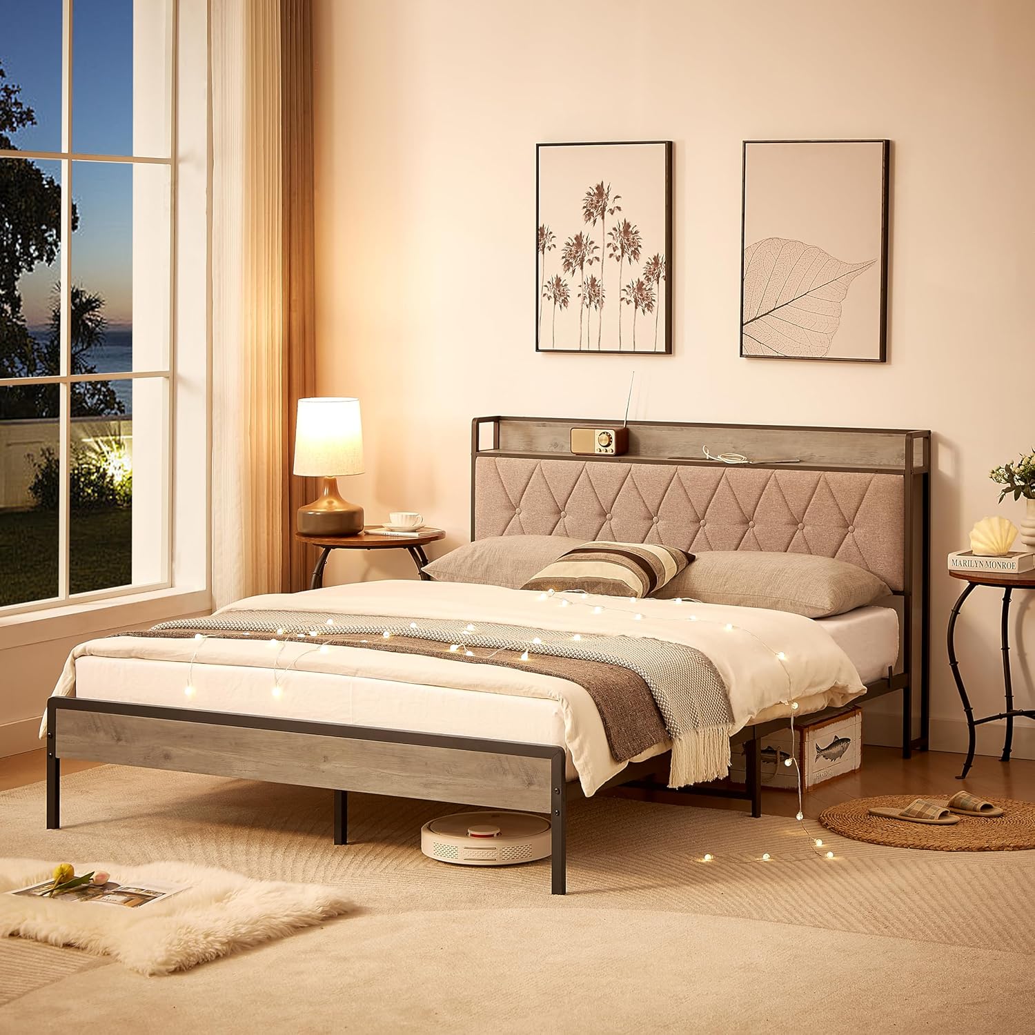 Queen Size Frame Metal with Charging Station, 2-Tier Storage Shelf Upholstered Headboard, Space-Save Design Platform Bed Steel Slat High Capacity Up to 1000 LBS, No Box Spring Needed, Grey