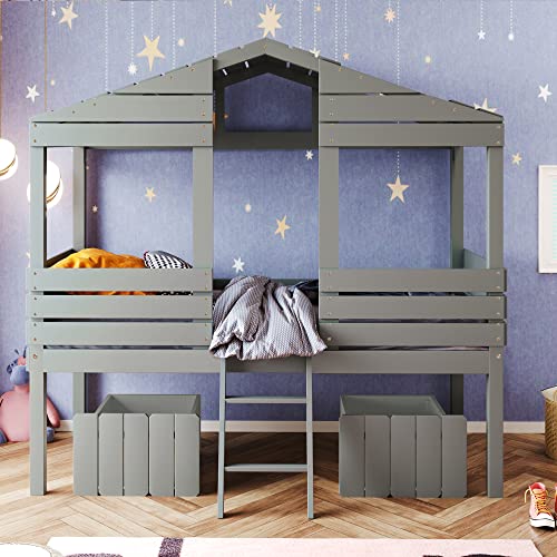 Loft Bed Twin Size, Wood Twin House Bed with Storage Drawers and Ladder, Twin Low Loft Beds Frame, Bedroom Furniture for Kids/Boys/Girls（White）