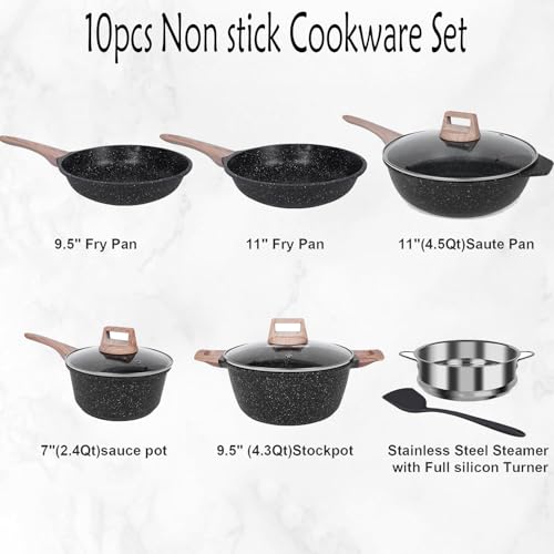 Ucclife 10pcs Pots and Pans Set Nonstick, Granite Frying Pans Induction Kitchen Cookware Sets, with Wood Print Handles Frying Pans, Saucepans, Steamer Shovel Spoon, Beige