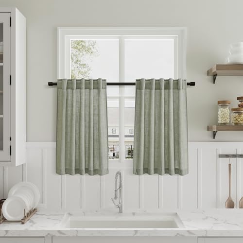 Beige Cafe Tier Curtains 36 Inch Length 2 Panels Semi Sheer Light Filtering Kitchen Window Curtains Over Sink Back Tab Rod Pocket Linen Textured Mini Curtains for Basement Laundry Room 30x36