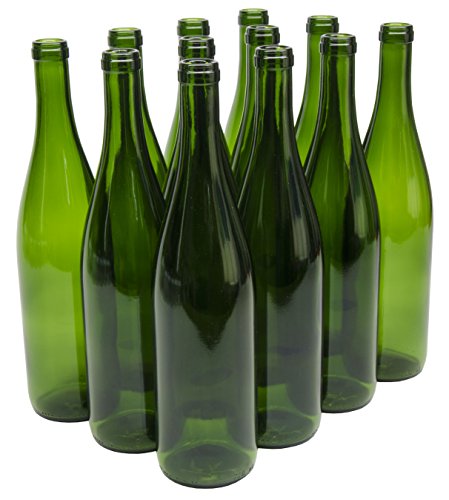 North Mountain Supply 750ml Glass California Hock Wine Bottle Flat-Bottomed Cork Finish - Case of 12 - Champagne Green