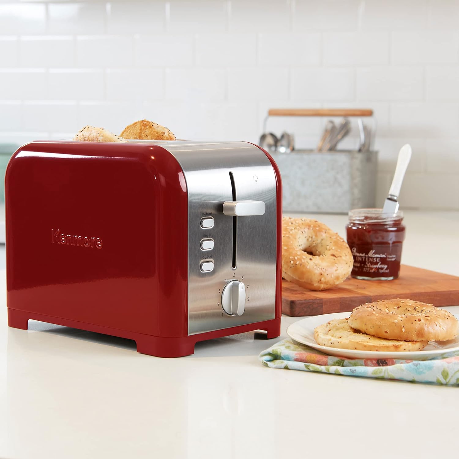 Kenmore 2 Slice Toaster Stainless Steel with Bagel Cancel Defrost Function and Extra Wide Slots Toasters Removable Crumb Tray Red