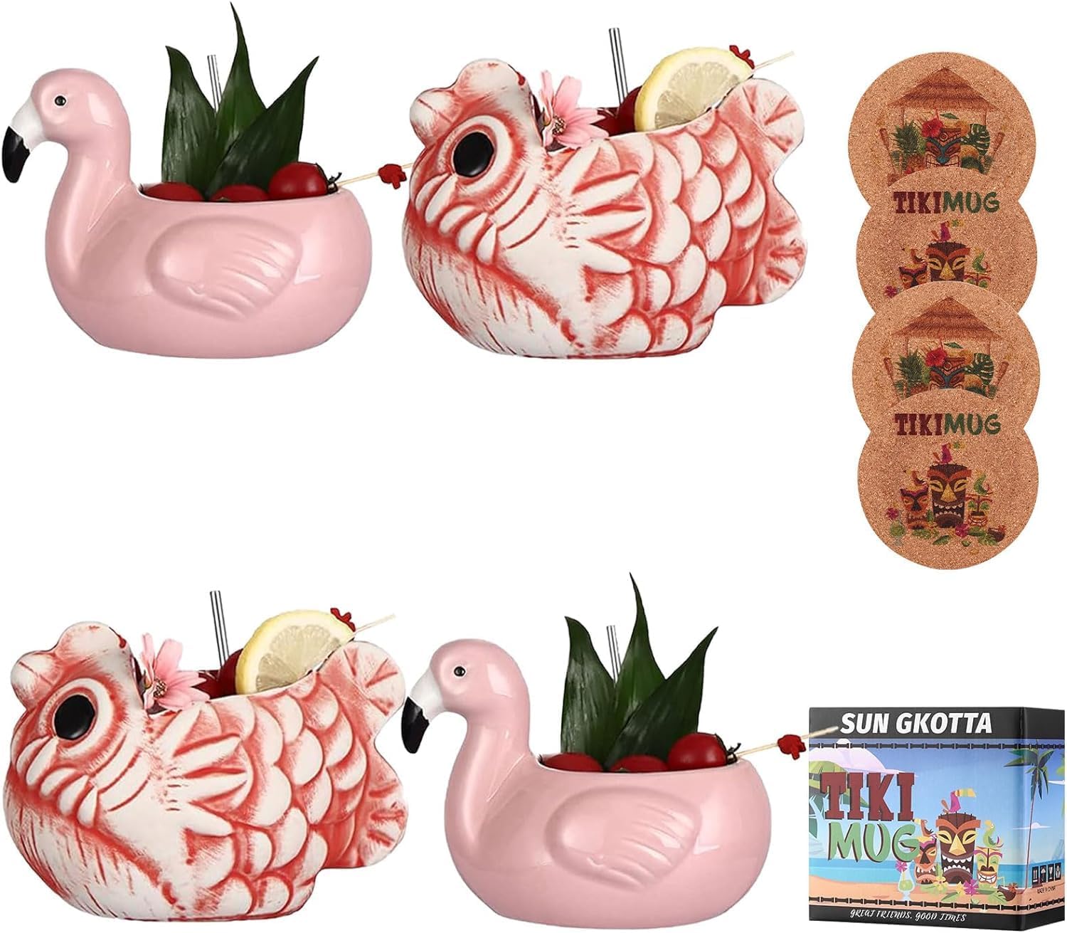 Tiki Mugs for Cocktail and Juice Set Of 4,Cute Ceramic tiki Cup Gift-Set，Animal-Shape Cocktail Glasses For Hawaiian Party，Mai Tai, Luaus, pool party，and Tiki Bars.