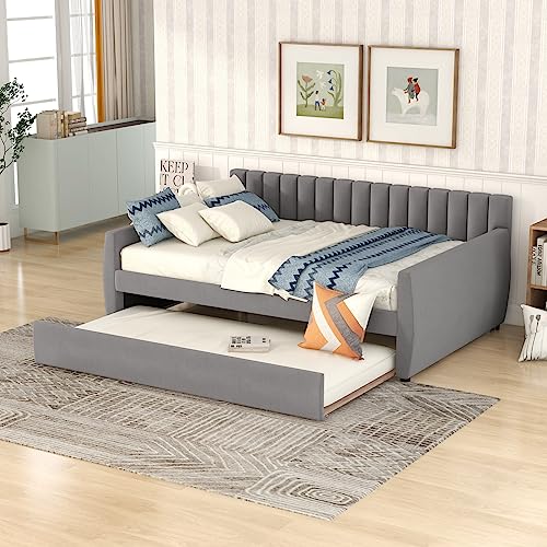 TRIPLE TREE Twin Size Daybed with Underbed Storage Drawers,Upholstered Sofa Bed,Day Bed with Wood Slat Support for Living Room,Bedroom,Beige