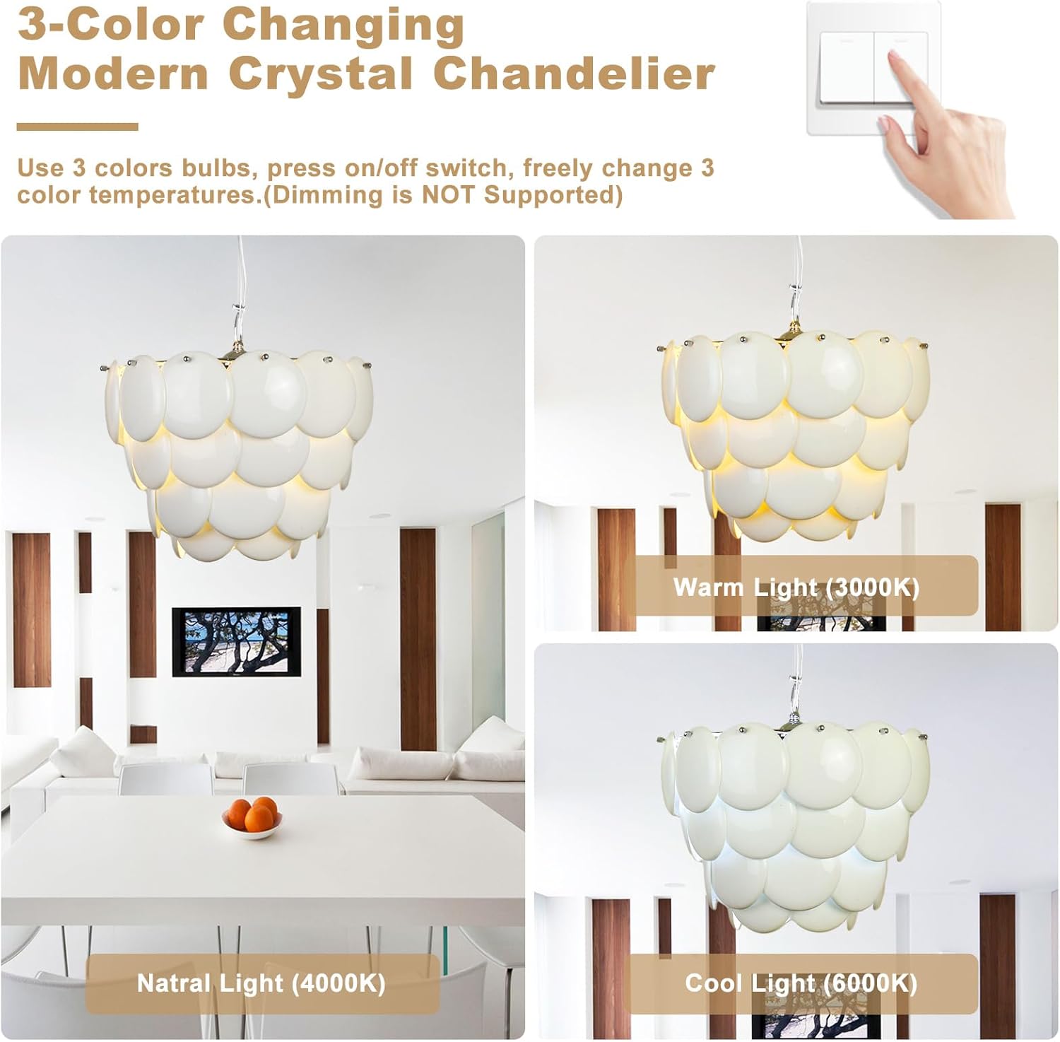 DLLT White Boho Chandelier 5 lights， Modern Dining Room Chandelier Over Table, 15'' Ceramic Shell Lampshade Pendant Light Coastal Light Fixture Height Adjustable, 40w, E12(Bulbs Included) UL Listed