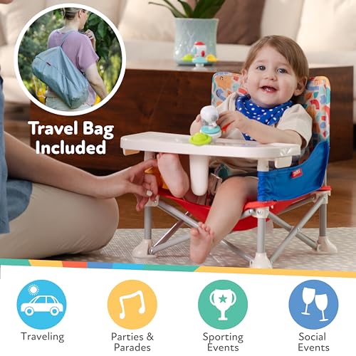 Nuby Easy Go Pop-Up Booster Seat with Removable Tray - 6+ Months - Portable Booster Seat for Floor for Indoor/Outdoor Use - 3-Point Safety Adjustable Straps - Includes Travel Bag - Gray