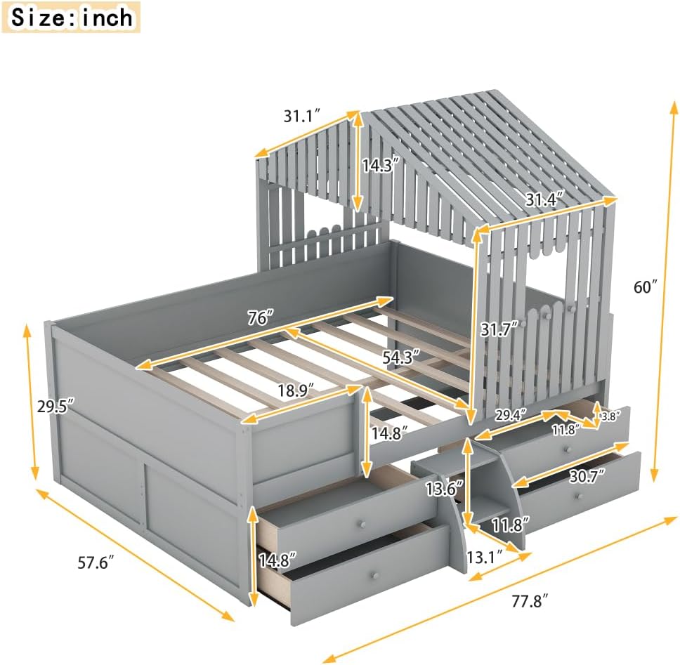 Full Size House Low Loft Bed with Four Drawers,Gray 2-Numbers of Package Pine+MDF 350Lb 10pcs 77.8