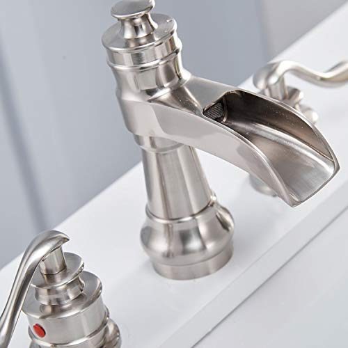 Widespread Bathroom Faucet Brushed Nickel Waterfall 2-Handle with Pop up Drain Stopper Farmhouse Sink Bath Vanity 3 Holes 8-16 Inch Mixer Tap Commercial Supply Line Lead-Free by Homevacious