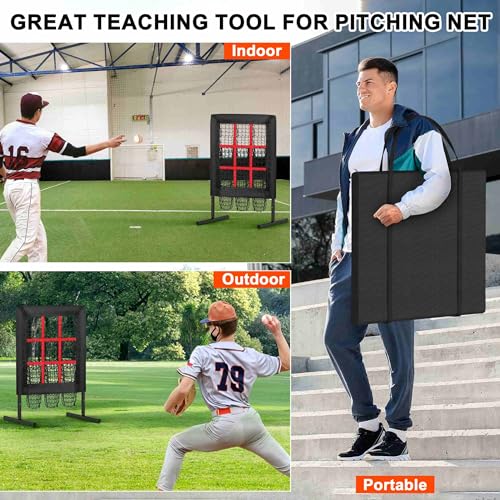 9 Hole Pitching Net Pitching Target Pitchers Net Baseball Trainer with Actual Strike Zone and Pitch Training Ball to Practice Baseball and Softball