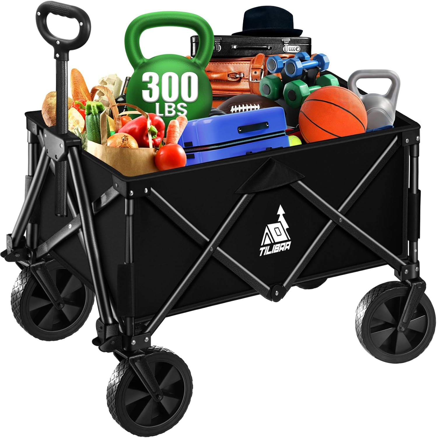 Colapsilble Foldable Wagon, 300LB Load and 200L Large Capacity Heavy Duty Beach Folding Wagon with All Terrain Wheels, Outdoor Garden Cart Wagon for Camping Shopping Sports, Black