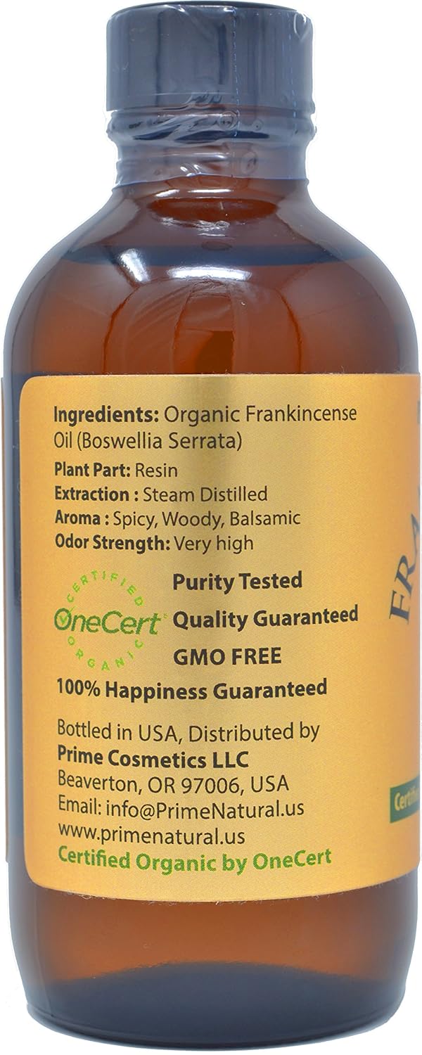 Prime Natural Organic Frankincense Essential Oil 118ml / 4oz USDA Certified Boswellia Serrata Pure Undiluted Therapeutic Grade Aromatherapy Scents Diffuser Skin Care Relaxation Calming Meditation