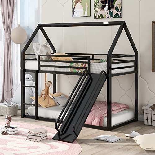 Metal Junior House Low Bunk Bed Twin Over Twin with Slide and Ladder, Montessori Floor Bunk Bed Frame with Full-Length Guardrail, Noise Free