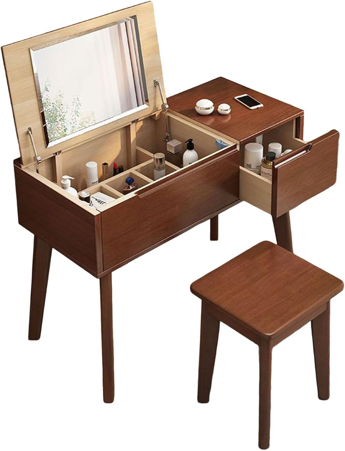 Solid Wood Dressing Table, Mini Minimalist Small House, Flip Top Storage Makeup Table Mirror, Bedroom Furniture with Drawers and Sorting Storage Compartments