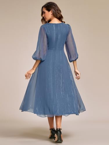 Ever-Pretty Women's Elegant A Line Ruched V Neck Long Sleeves Tea-Length Wedding Guest Dresses 01977