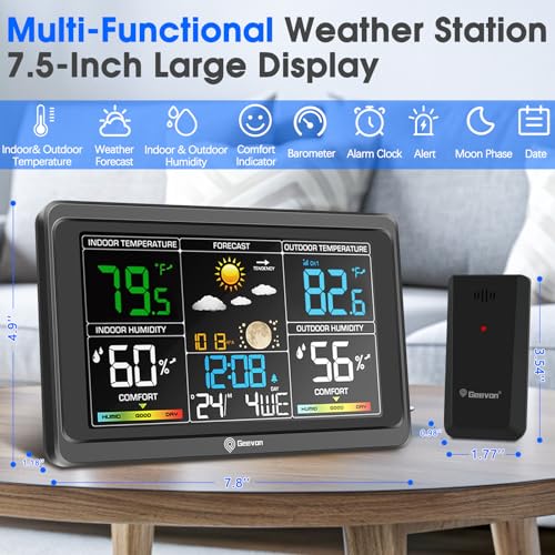 Geevon Weather Station Wireless Indoor Outdoor Thermometer, Large Color Display Weather Thermometer with Barometer, USB Charging Port and Adjustable Backlight (Weather Station with 1 Sensor)