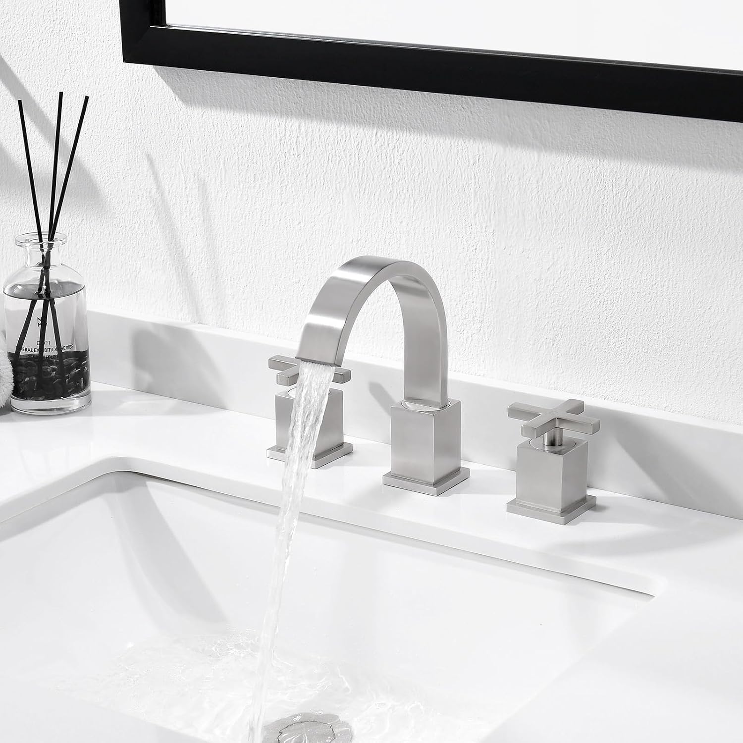 Phiestina Brushed Nickel Waterfall Bathroom Faucet, Widespread 3 Hole 8 Inch Modern Sink Faucet, with 360 Degree Swivel Spout, Pop Up Drain and Water Supply Lines, WF001-10-BN