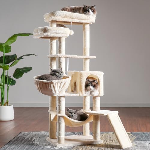 Hey-brother Cat Tree with Scratching Post, 57 inch Cat Tower for Indoor Cats, Cat Condo with Two Large Platforms, Hammock and Big Scratch Board, Muchroom MPJ051MU
