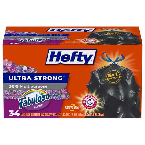 Hefty Ultra Strong 30 Gallon Trash Bags, Large Trash Bags 30 Gallon Size, Multipurpose, Break Resistant Drawstring Closure, Resists Leaks, Punctures, and Tears, Black, White Pine Breeze Scent, 50 Bags