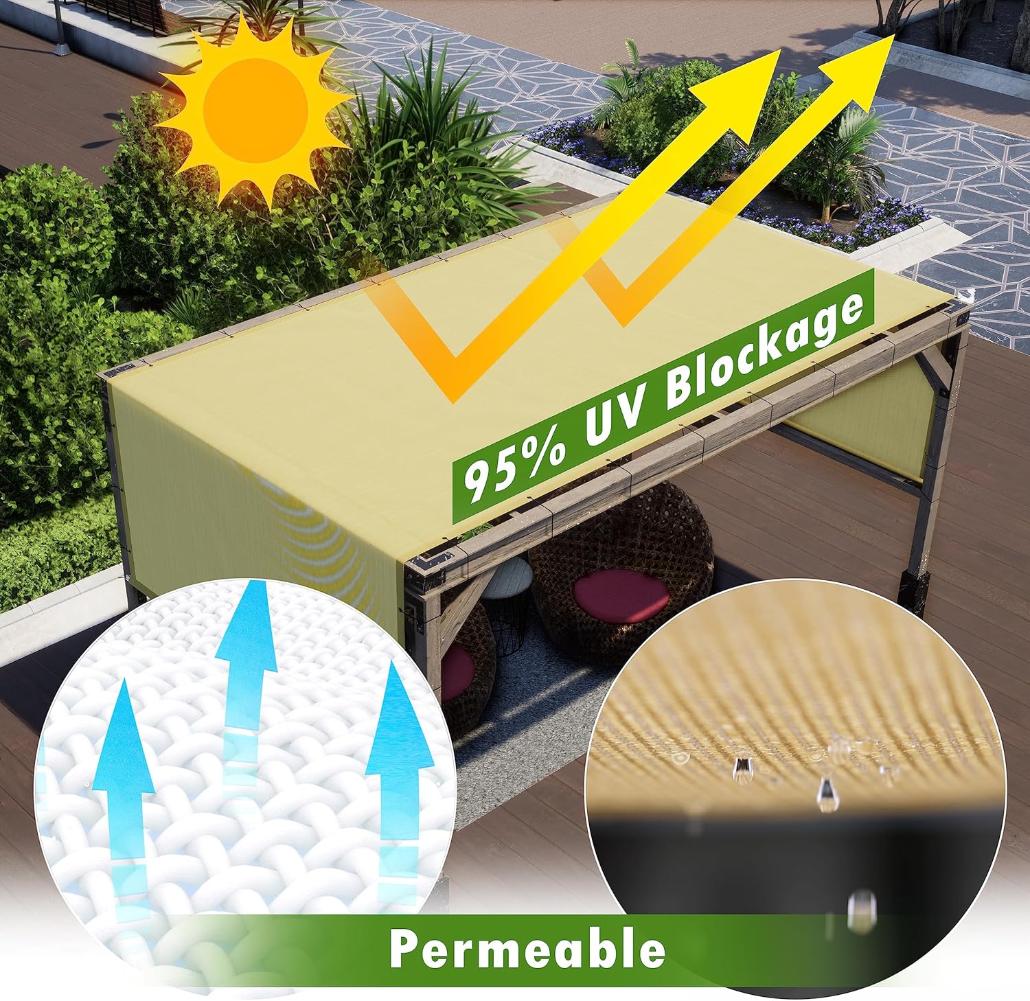 ColourTree 12' W x 25' L Beige Pergola Sun Shade Canopy Replacement Cover UPF50, Commercial Grade 260 GSM Cloth for Outdoor Patio, includes Stainless Steel Weighted Rods (We Make Custom Size)