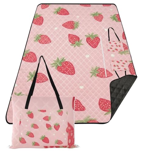 Red Fruit Strawberry Cartoon Picnic Blanket Waterproof Foldable Outdoor Beach Blankets Sandproof Picnic Mat Extra Large Camping Blanket for Camping Hiking Travel Park Concerts, 60x80 in
