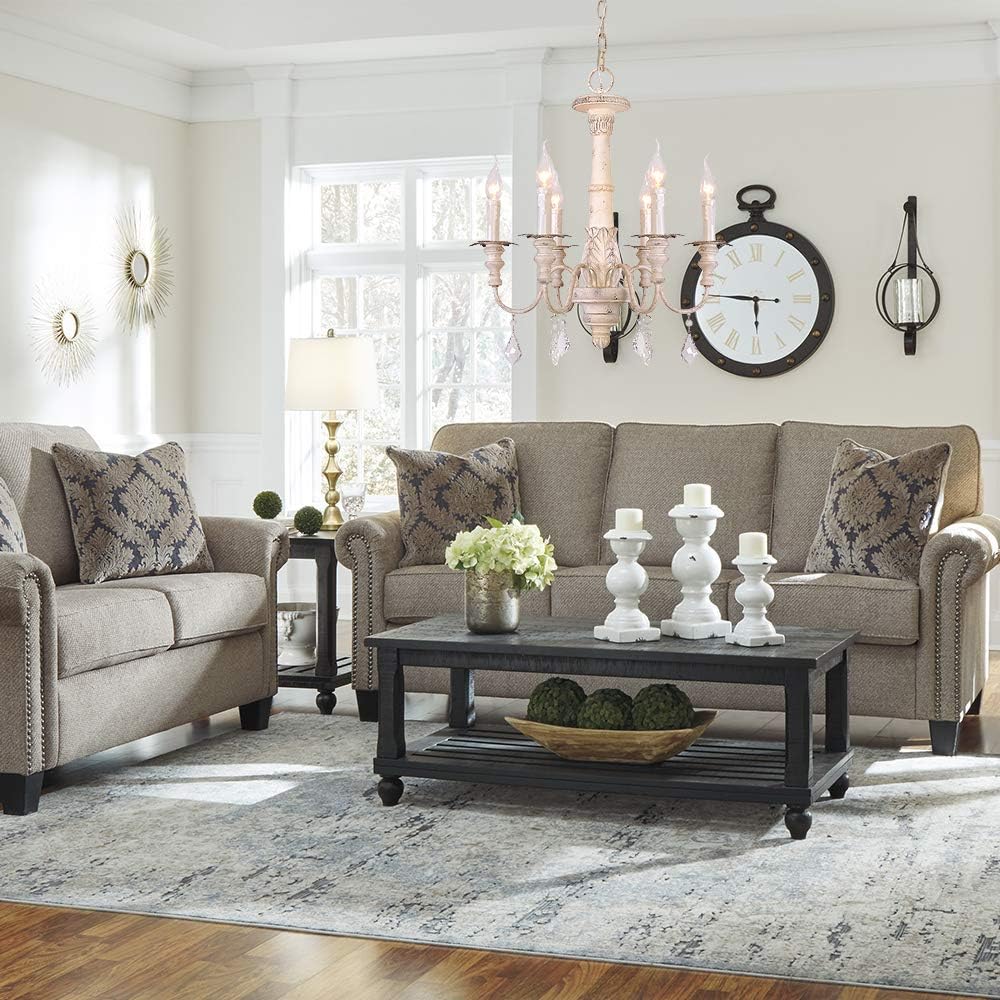 French Country Candle Style Chandelier, Handmade White Distressed Wood Lighting Ceiling Light Fixture Pendant Lamp Chandeliers for Dining Living Room Bathroom W20.8