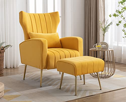 Kmax Velvet Accent Chair with Ottoman Mid Century Modern Tufted Arm Chair with Gold Legs Pillow for Bedroom Living Room Vanity Reading, Cream, Set of 2