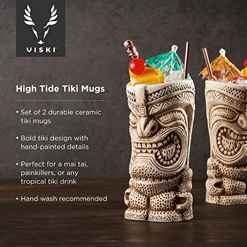 Viski High Tide Tiki Mugs - Hand Painted Ceramic Tiki Glasses for Cocktails - Tiki Barware 14.5oz Highballs Set of 2 White